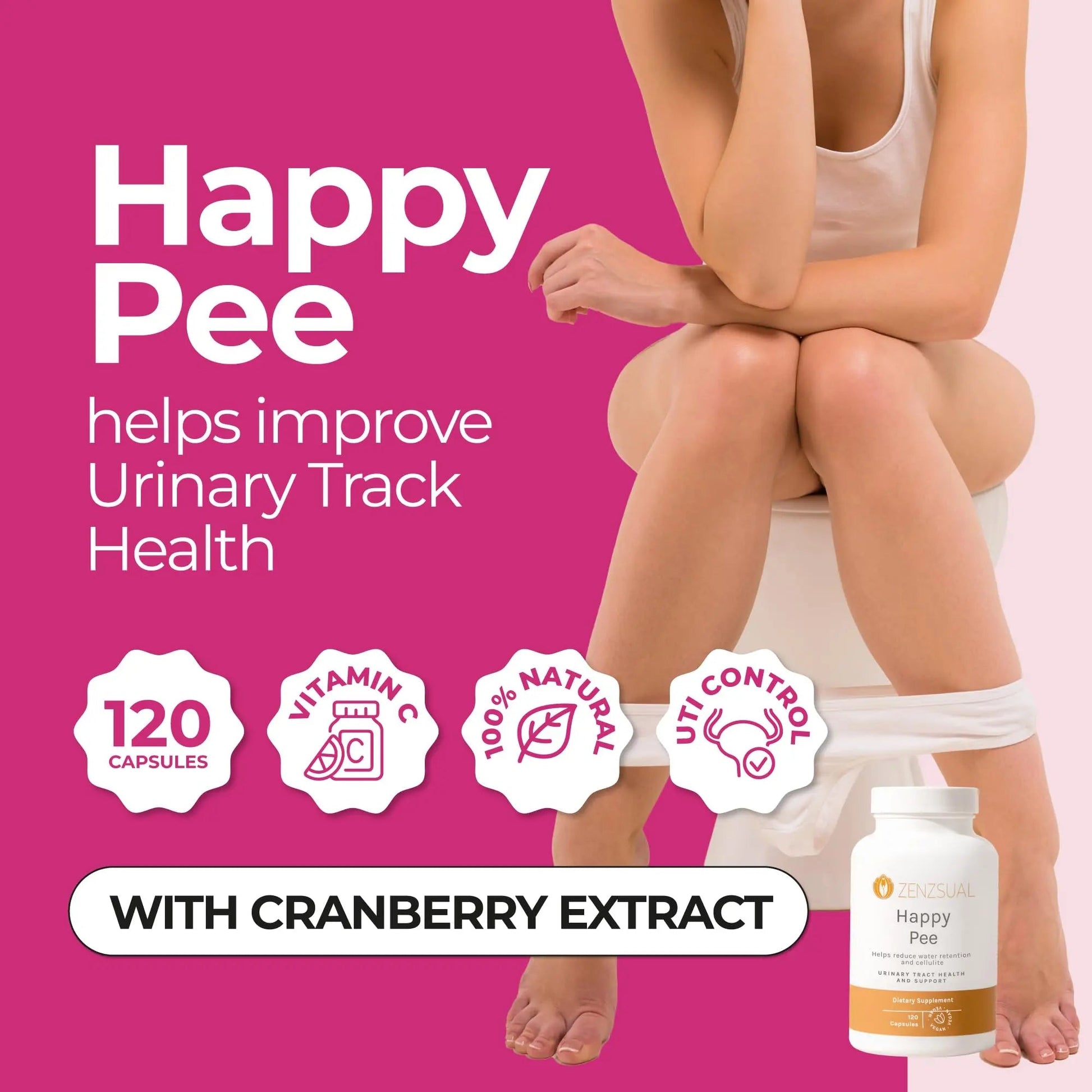 ZENZSUAL Happy Pee, 120 Capsules – Urinary Tract Support & Bladder Health Supplement with Cranberry, D-Mannose, Vitamin C and Oregano for Women and Men – Healthy Flow, Comfort & Fluid Balance - dailyvitalstore