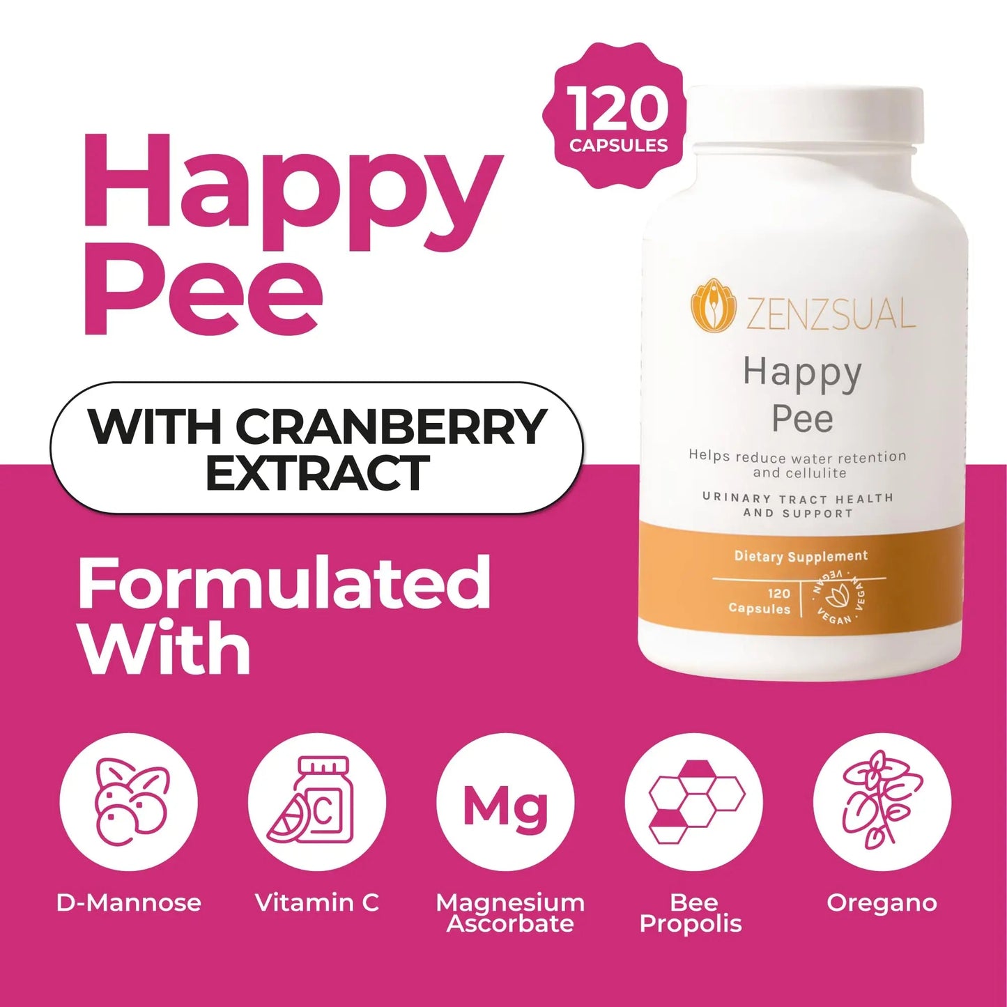 ZENZSUAL Happy Pee, 120 Capsules – Urinary Tract Support & Bladder Health Supplement with Cranberry, D-Mannose, Vitamin C and Oregano for Women and Men – Healthy Flow, Comfort & Fluid Balance - dailyvitalstore