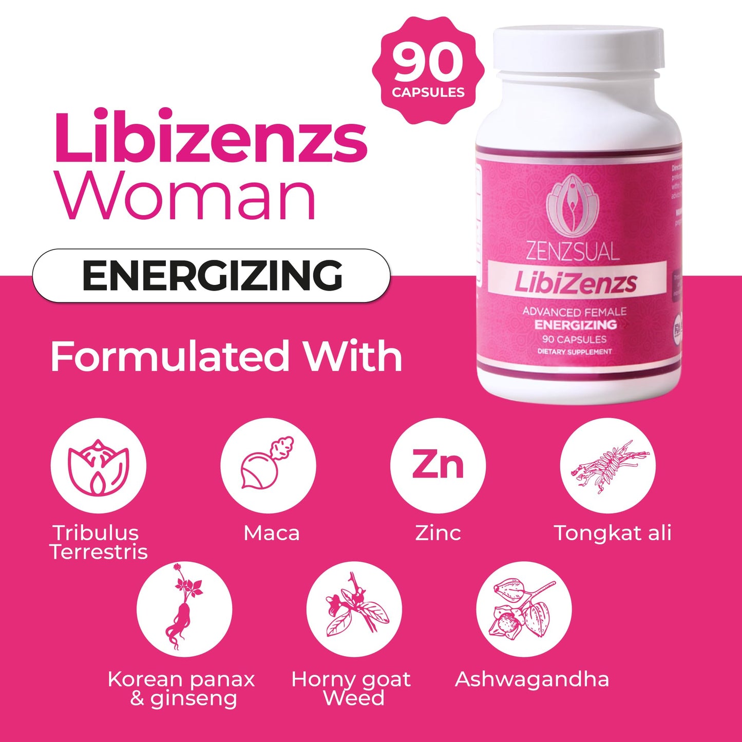 ZENZSUAL Libizenzs – Plant-Based Energy Support Supplement for Women – Caffeine-Free with Maca Root, Ashwagandha & Ginseng – Supports Daily Stamina, Focus & Well-Being – 90 Vegan Capsules - dailyvitalstore