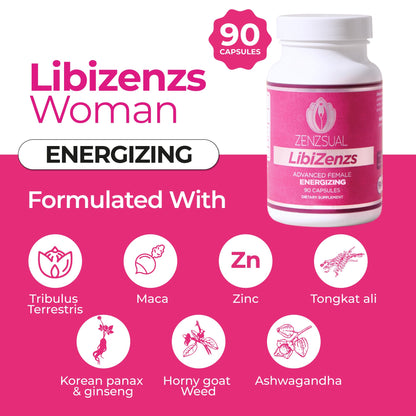 ZENZSUAL Libizenzs – Plant-Based Energy Support Supplement for Women – Caffeine-Free with Maca Root, Ashwagandha & Ginseng – Supports Daily Stamina, Focus & Well-Being – 90 Vegan Capsules - dailyvitalstore