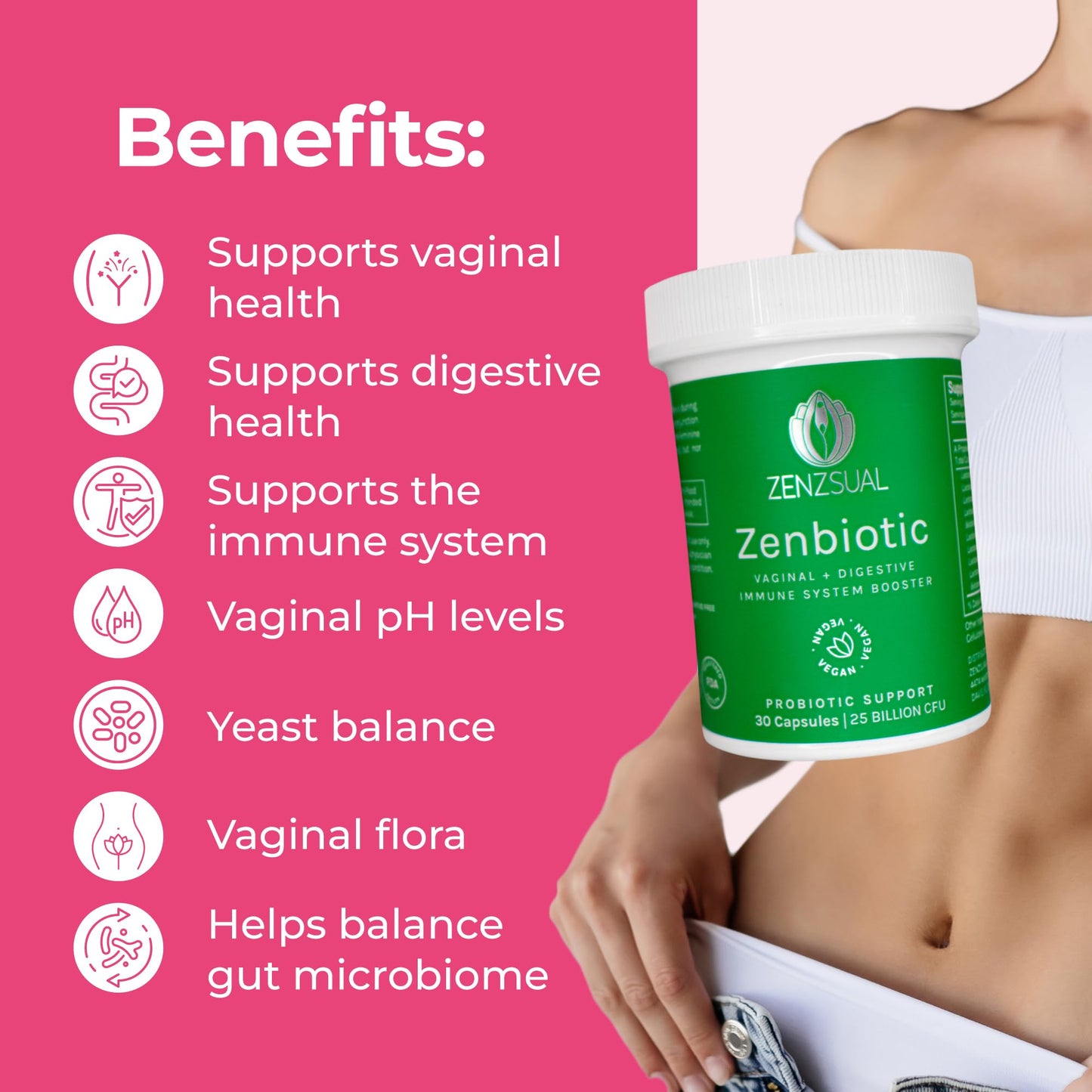 ZENZSUAL Zenbiotic Probiotics Support for Women – 25 Billion CFU, Vaginal Health & pH Balance Support, Odor & Yeast Control, Gut & Digestive Health, Urinary Comfort, Hormone Balance, 30 Vegan Capsules - dailyvitalstore