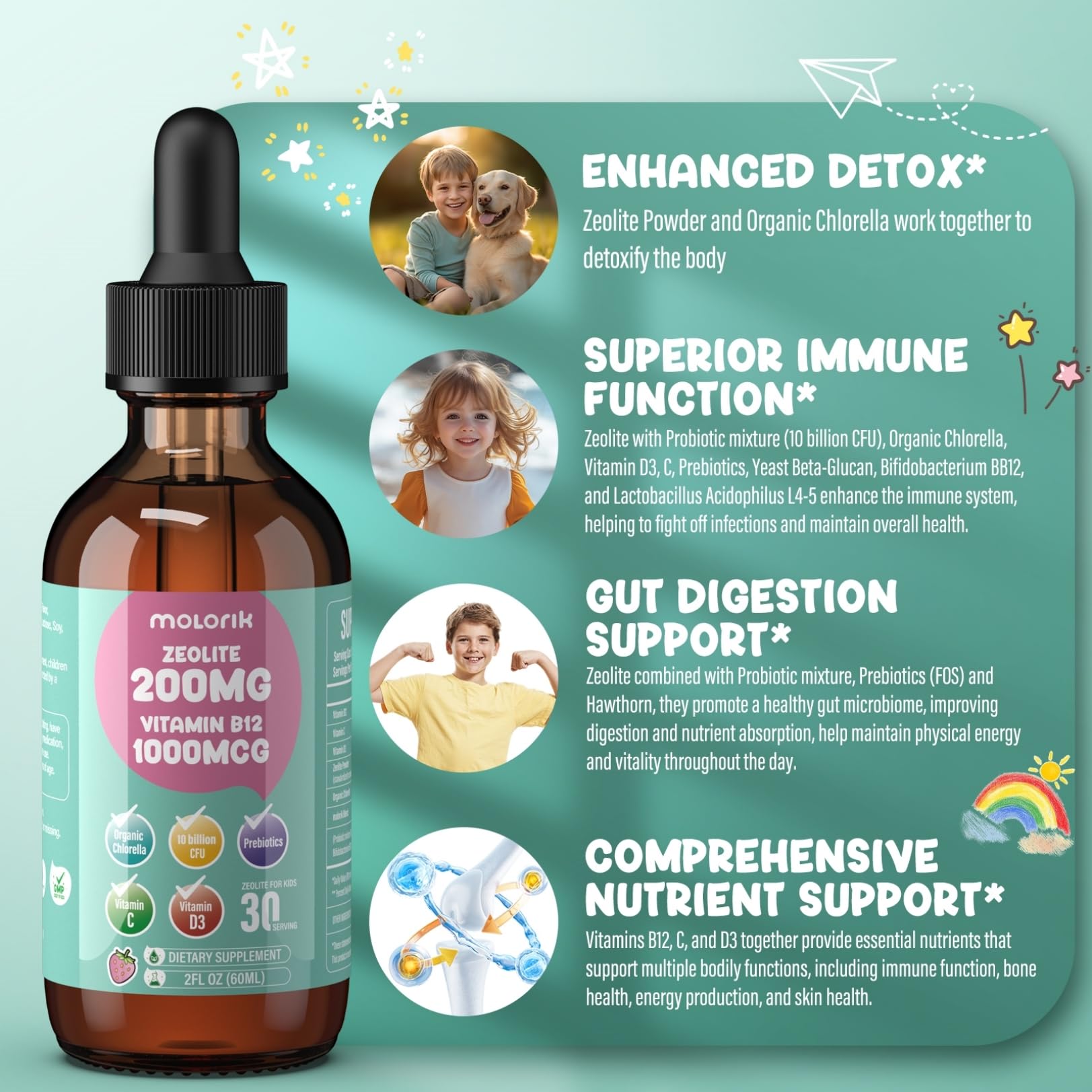 Zeolite Detox for Kids and Adults, 200mg Zeolite Liquid Drops with 1000mcg Vitamin B12, Organic Chlorella, 10 billion CFU & Prebiotics for Gut Support & Speech, Immune, Bone, Energy*, Strawberry, 60ML - dailyvitalstore
