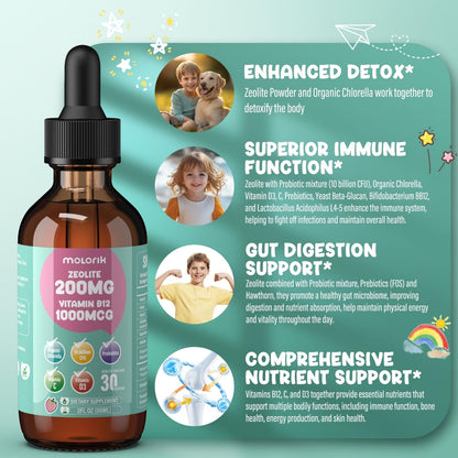 Zeolite Detox for Kids and Adults, 200mg Zeolite Liquid Drops with 1000mcg Vitamin B12, Organic Chlorella, 10 billion CFU & Prebiotics for Gut Support & Speech, Immune, Bone, Energy*, Strawberry, 60ML - dailyvitalstore