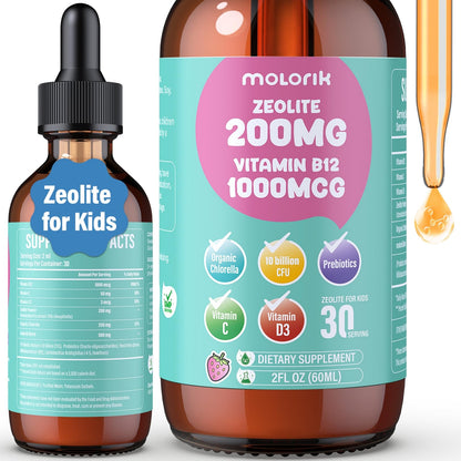 Zeolite Detox for Kids and Adults, 200mg Zeolite Liquid Drops with 1000mcg Vitamin B12, Organic Chlorella, 10 billion CFU & Prebiotics for Gut Support & Speech, Immune, Bone, Energy*, Strawberry, 60ML - dailyvitalstore