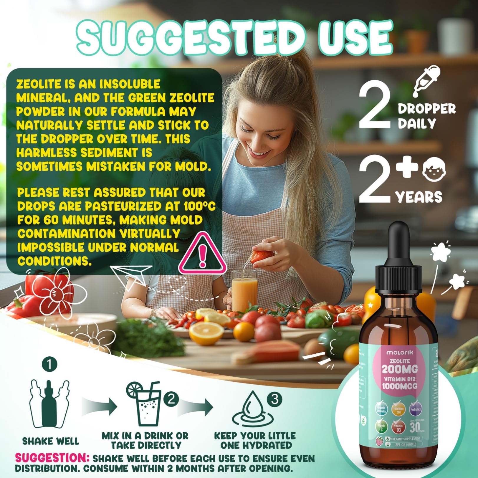 Zeolite Detox for Kids and Adults, 200mg Zeolite Liquid Drops with 1000mcg Vitamin B12, Organic Chlorella, 10 billion CFU & Prebiotics for Gut Support & Speech, Immune, Bone, Energy*, Strawberry, 60ML - dailyvitalstore