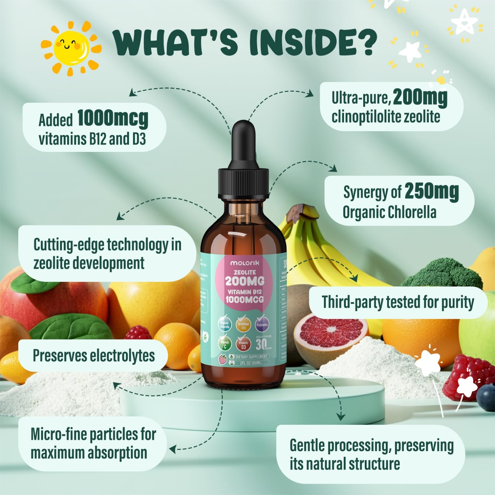 Zeolite Detox for Kids and Adults, 200mg Zeolite Liquid Drops with 1000mcg Vitamin B12, Organic Chlorella, 10 billion CFU & Prebiotics for Gut Support & Speech, Immune, Bone, Energy*, Strawberry, 60ML - dailyvitalstore