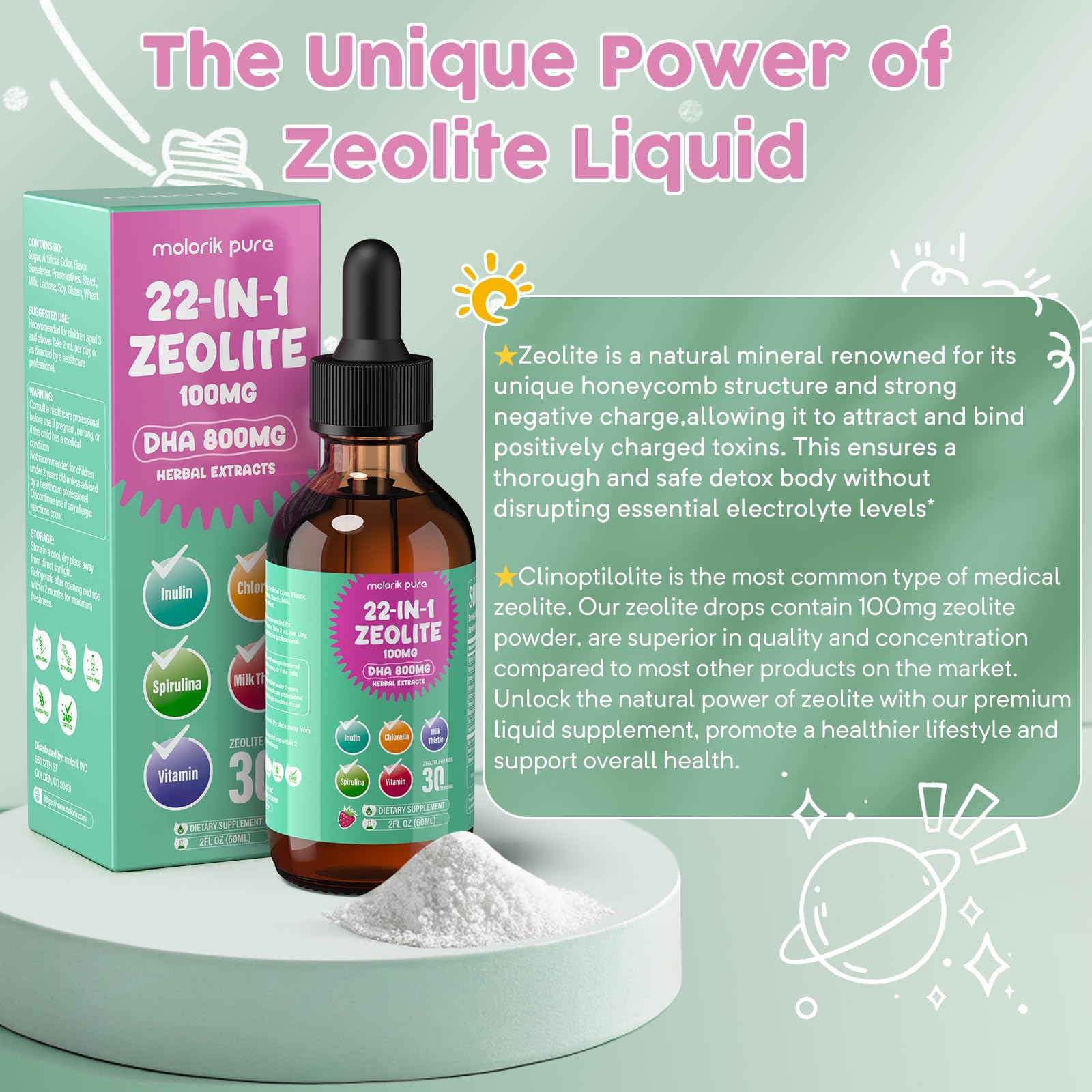 Zeolite Detox for Kids and Adults, Herbal Detox with 800mg DHA, 500mg Inulin, Probiotics & Vitamin B12, D3, C, B6, Cilantro Extract Cleanse to Support Brain, - dailyvitalstore