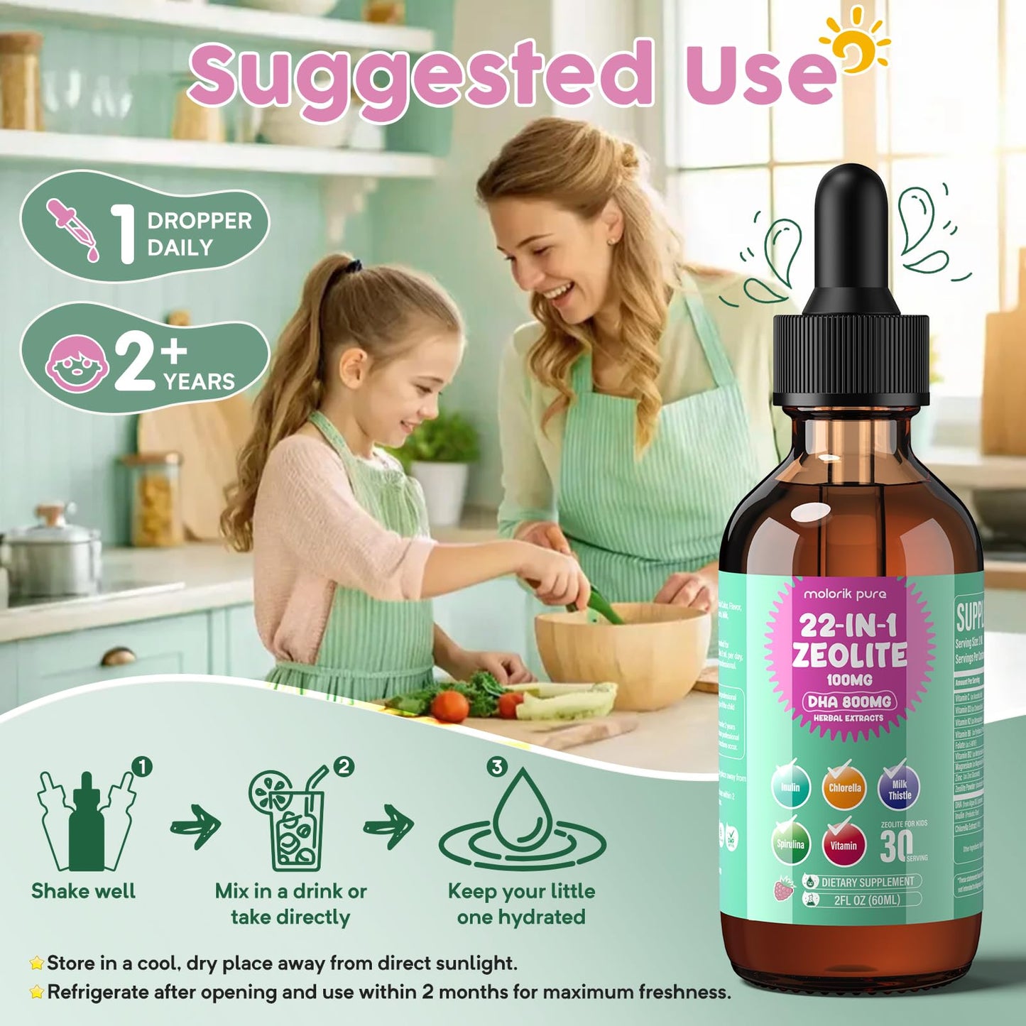 Zeolite Detox for Kids and Adults, Herbal Detox with 800mg DHA, 500mg Inulin, Probiotics & Vitamin B12, D3, C, B6, Cilantro Extract Cleanse to Support Brain, - dailyvitalstore