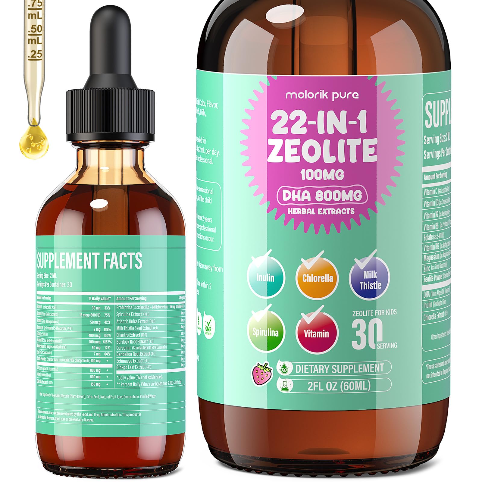 Zeolite Detox for Kids and Adults, Herbal Detox with 800mg DHA, 500mg Inulin, Probiotics & Vitamin B12, D3, C, B6, Cilantro Extract Cleanse to Support Brain, - dailyvitalstore