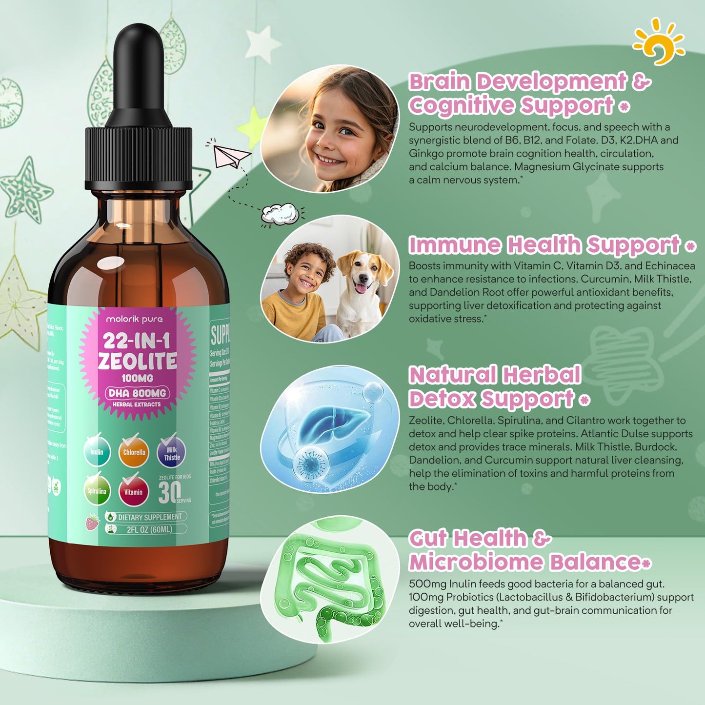 Zeolite Detox for Kids and Adults, Herbal Detox with 800mg DHA, 500mg Inulin, Probiotics & Vitamin B12, D3, C, B6, Cilantro Extract Cleanse to Support Brain, - dailyvitalstore
