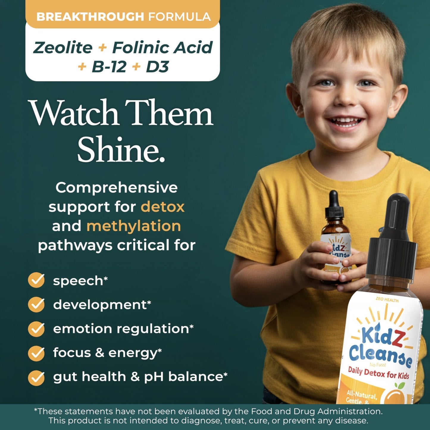 Zeolite Detox for Kids with Folinic Acid + Methyl B12 + D3 | Methylation + Heavy Metal Detox Support Supplement | Promotes Behavioral, Focus - dailyvitalstore