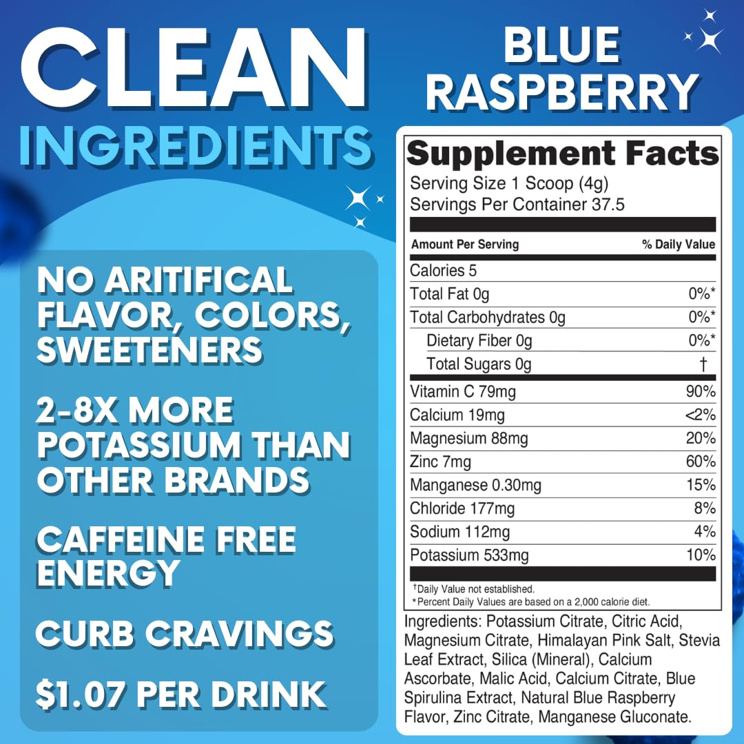 Zero Sugar - Blue Raspberry Electrolytes Powder - Refreshing Hydration - Caffeine Free Energy - All Natural Ingredients - Vegan, Keto and Paleo - Sugar Free Electrolyte Powder Drink Mix - 37 Servings - dailyvitalstore