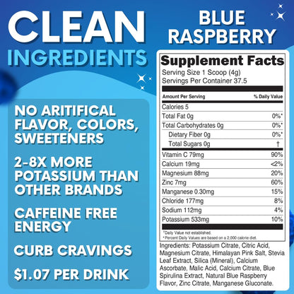Zero Sugar - Blue Raspberry Electrolytes Powder - Refreshing Hydration - Caffeine Free Energy - All Natural Ingredients - Vegan, Keto and Paleo - Sugar Free Electrolyte Powder Drink Mix - 37 Servings - dailyvitalstore