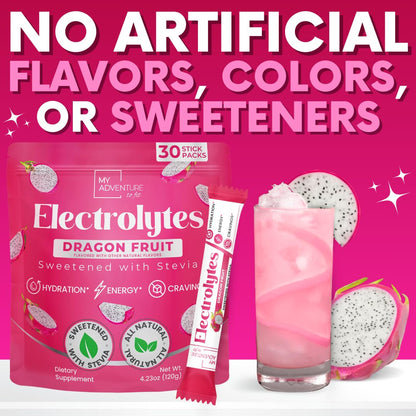 Zero Sugar Dragon Fruit Electrolytes Sticks - Refreshing Hydration - Caffeine Free Energy with Natural Ingredients - Vegan, Keto & Paleo - dailyvitalstore