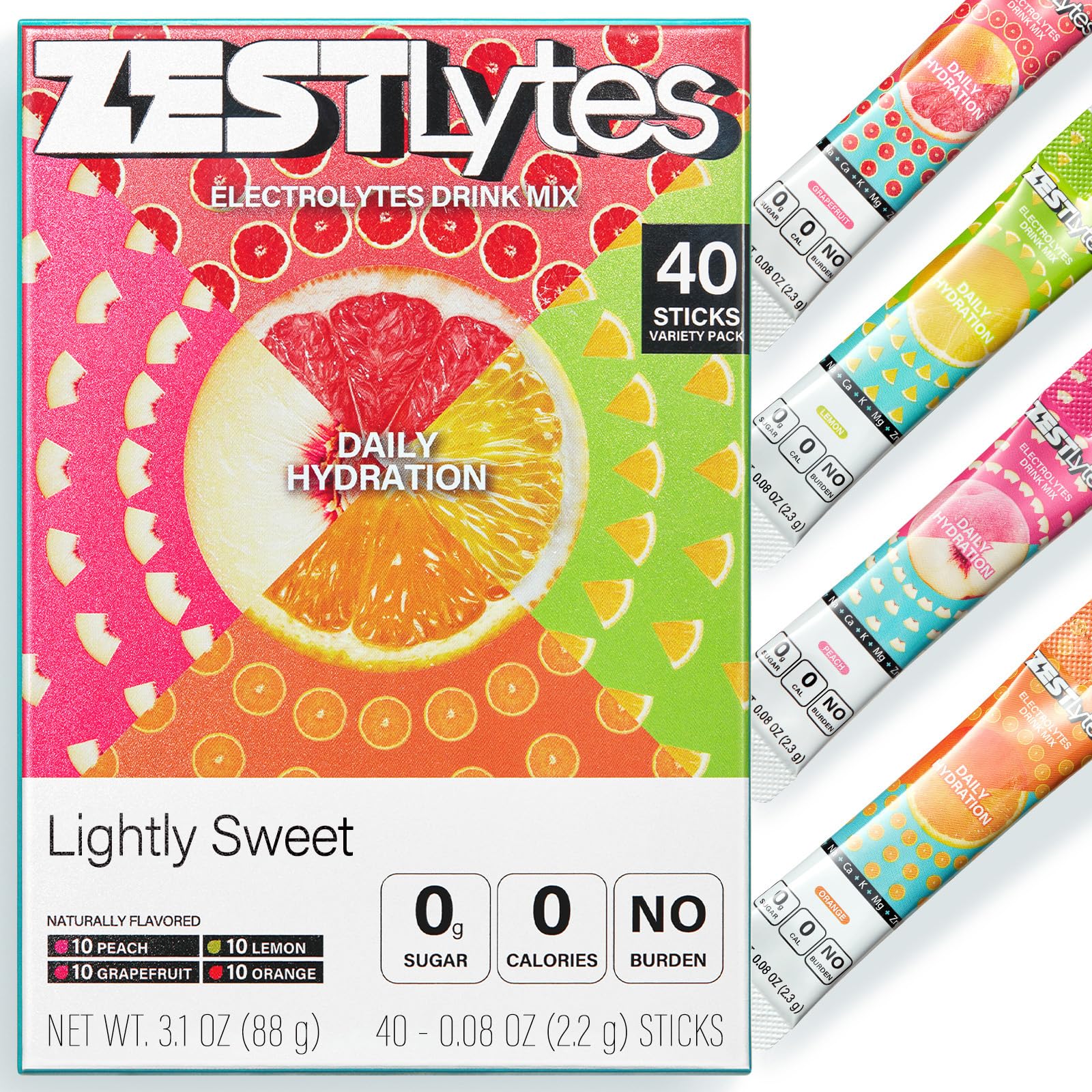 ZestLytes 40 Sticks Low Sodium Sugar Free & 0 Calorie Electrolyte Hydration Packets, Lightly Sweet Electrolyte Powder Drink Mix, Liquid Daily IV Flavors | Lemon Orange Peach Grapefruit - dailyvitalstore
