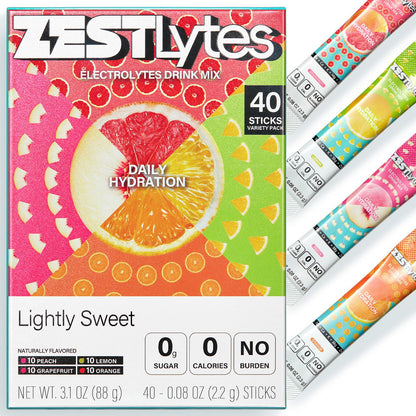 ZestLytes 40 Sticks Low Sodium Sugar Free & 0 Calorie Electrolyte Hydration Packets, Lightly Sweet Electrolyte Powder Drink Mix, Liquid Daily IV Flavors | Lemon Orange Peach Grapefruit - dailyvitalstore