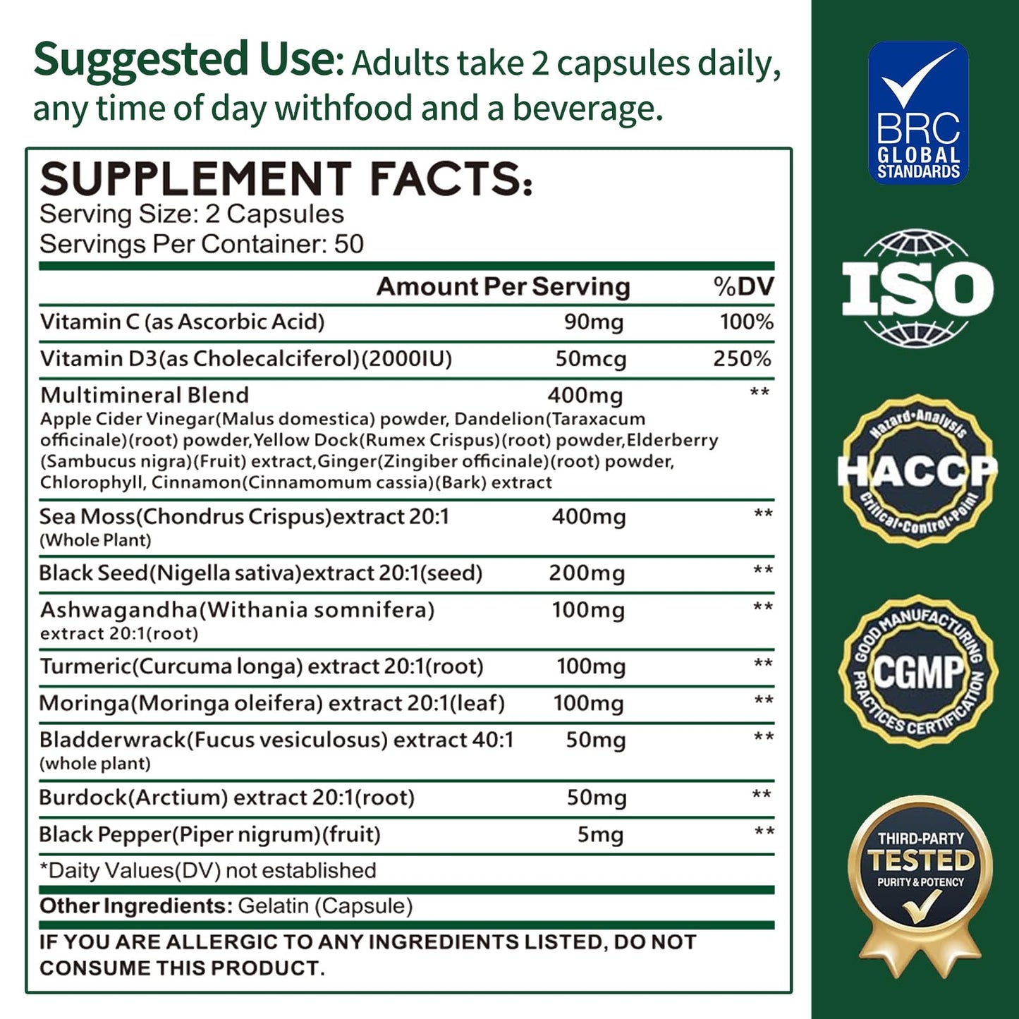 Zhibenon Sea Moss Capsules with Bladderwrack & Burdock - 50 Day Supply - Powerful Formula with Black Seed Oil, Ashwagandha, Turmeric, Vitamin C, Vitamin D3, Moringa & Black Pepper Extract - dailyvitalstore