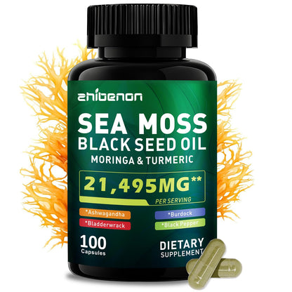 Zhibenon Sea Moss Capsules with Bladderwrack & Burdock - 50 Day Supply - Powerful Formula with Black Seed Oil, Ashwagandha, Turmeric, Vitamin C, Vitamin D3, Moringa & Black Pepper Extract - dailyvitalstore