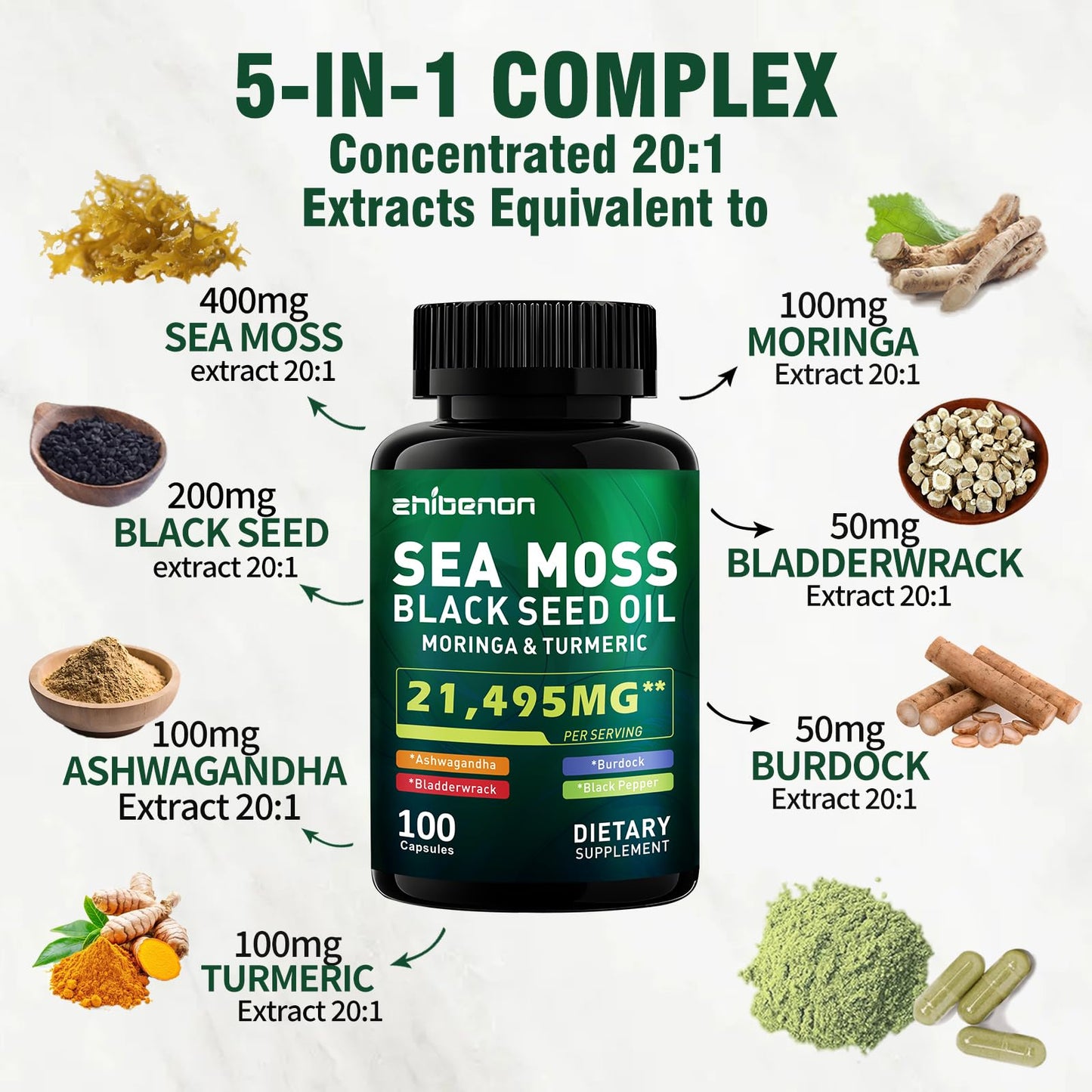 Zhibenon Sea Moss Capsules with Bladderwrack & Burdock - 50 Day Supply - Powerful Formula with Black Seed Oil, Ashwagandha, Turmeric, Vitamin C, Vitamin D3, Moringa & Black Pepper Extract - dailyvitalstore