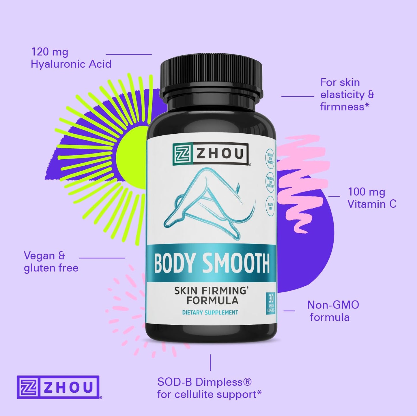 Zhou Body Smooth - Cellulite Pills for Women, Dimpless Anti Cellulite Supplement for Firm Smooth Skin with Hyaluronic Acid & Vitamin C, Skincare for Thigh, Legs, Butt, Supports Hydration - 30 Capsules - dailyvitalstore