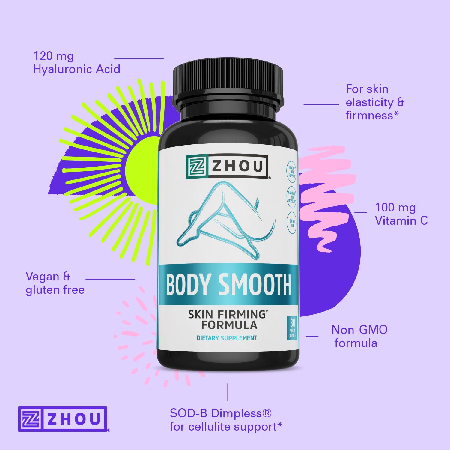 Zhou Body Smooth - Cellulite Pills for Women, Dimpless Anti Cellulite Supplement for Firm Smooth Skin with Hyaluronic Acid & Vitamin C, Skincare for Thigh, Legs, Butt, Supports Hydration - 30 Capsules - dailyvitalstore