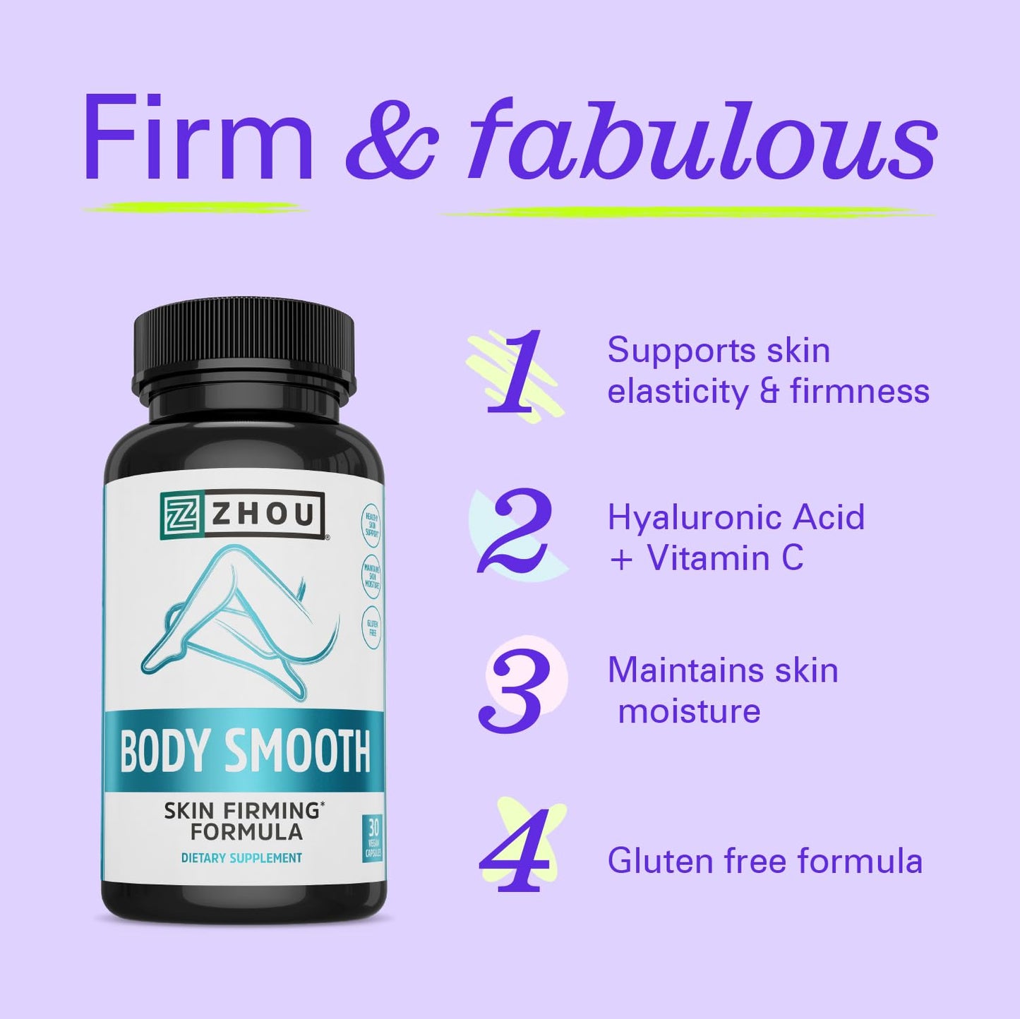 Zhou Body Smooth - Cellulite Pills for Women, Dimpless Anti Cellulite Supplement for Firm Smooth Skin with Hyaluronic Acid & Vitamin C, Skincare for Thigh, Legs, Butt, Supports Hydration - 30 Capsules - dailyvitalstore