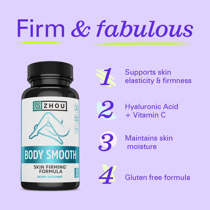 Zhou Body Smooth - Cellulite Pills for Women, Dimpless Anti Cellulite Supplement for Firm Smooth Skin with Hyaluronic Acid & Vitamin C, Skincare for Thigh, Legs, Butt, Supports Hydration - 30 Capsules - dailyvitalstore