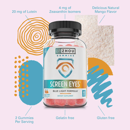 Zhou Screen Eyes Gummies - Lutein Gummies for Eye Health, Lutein and Zeaxanthin for Adults & Kids, Supports Eyesight, Blue Light Vision Health Formula - 60 Count - dailyvitalstore