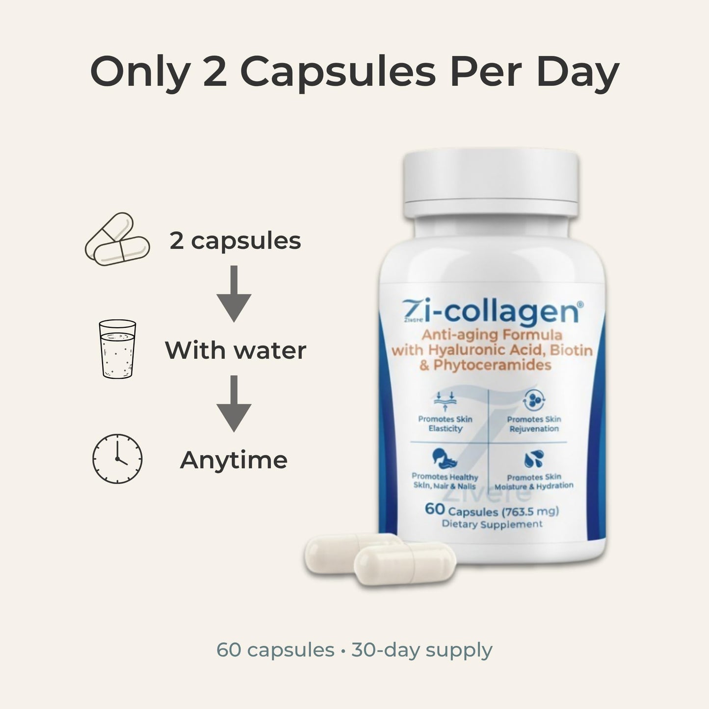 Zi-Collagen Marine Collagen Capsules for Skin, Hair & Nails Support – with Phytoceramides, Hyaluronic Acid, Biotin & Vitamins A C D3 E – 60 Capsules - dailyvitalstore