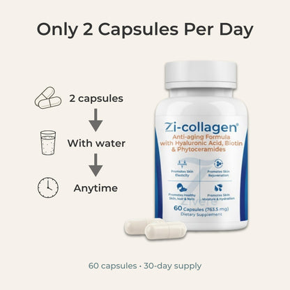 Zi-Collagen Marine Collagen Capsules for Skin, Hair & Nails Support – with Phytoceramides, Hyaluronic Acid, Biotin & Vitamins A C D3 E – 60 Capsules - dailyvitalstore