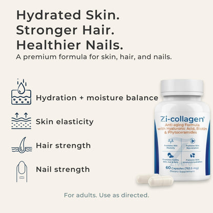 Zi-Collagen Marine Collagen Capsules for Skin, Hair & Nails Support – with Phytoceramides, Hyaluronic Acid, Biotin & Vitamins A C D3 E – 60 Capsules - dailyvitalstore