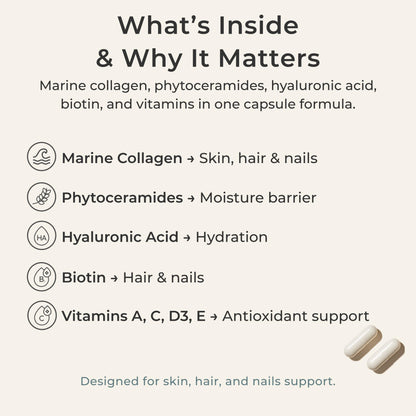 Zi-Collagen Marine Collagen Capsules for Skin, Hair & Nails Support – with Phytoceramides, Hyaluronic Acid, Biotin & Vitamins A C D3 E – 60 Capsules - dailyvitalstore