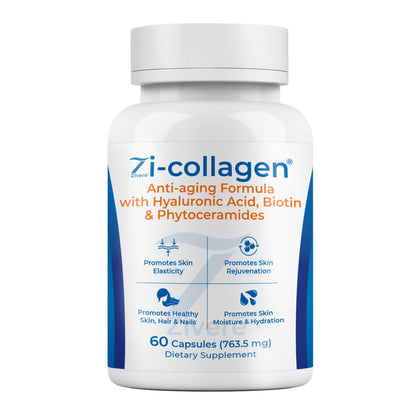 Zi-Collagen Marine Collagen Capsules for Skin, Hair & Nails Support – with Phytoceramides, Hyaluronic Acid, Biotin & Vitamins A C D3 E – 60 Capsules - dailyvitalstore