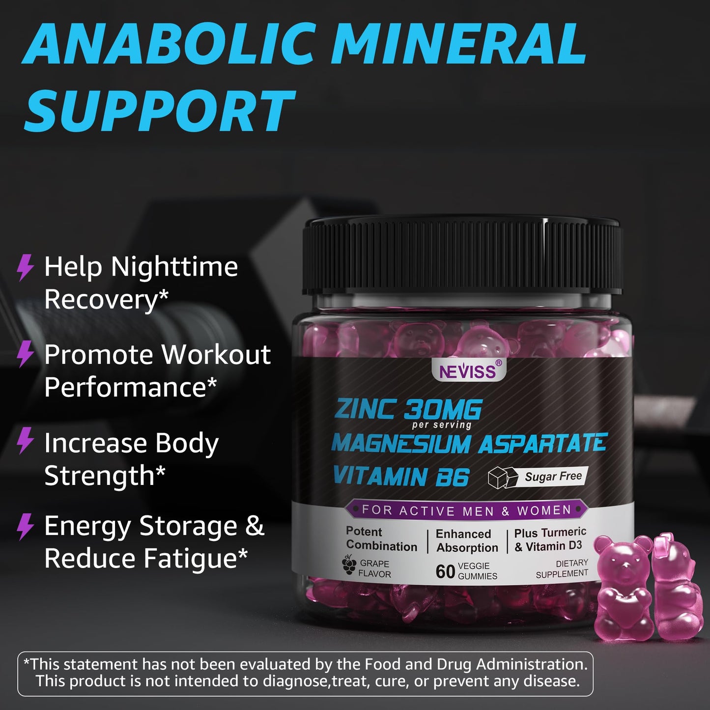 Zinc and Magnesium Supplement, Zinc Magnesium Aspartate Post Workout Gummies for Men Women, with Vitamin B6, B12, D3, Turmeric for Nighttime Recovery, Reduce Fatigue - dailyvitalstore