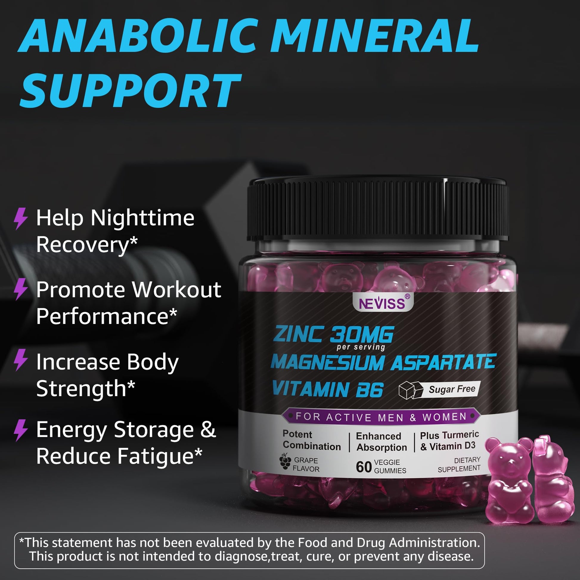 Zinc and Magnesium Supplement, Zinc Magnesium Aspartate Post Workout Gummies for Men Women, with Vitamin B6, B12, D3, Turmeric for Nighttime Recovery, Reduce Fatigue - dailyvitalstore