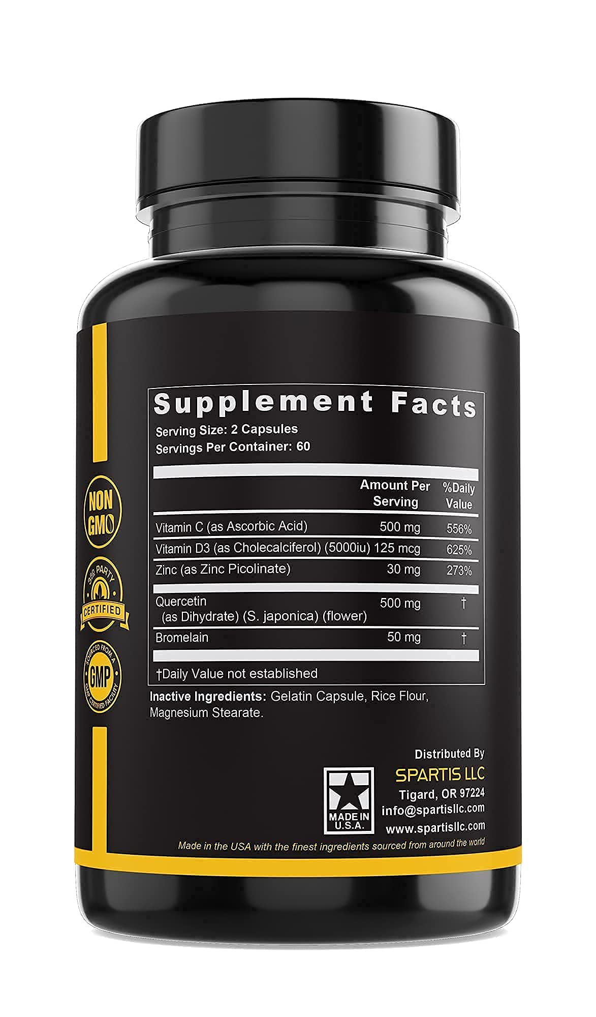Zinc Quercetin 500mg with Vitamin C Vitamin D3 Bromelain Immune Support High Potency Quercetin Zinc Supplement ZQV by SPARTIS (Pack of 1 Bottle at 120-Caps) - dailyvitalstore