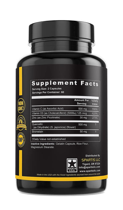 Zinc Quercetin 500mg with Vitamin C Vitamin D3 Bromelain Immune Support High Potency Quercetin Zinc Supplement ZQV by SPARTIS (Pack of 1 Bottle at 120-Caps) - dailyvitalstore