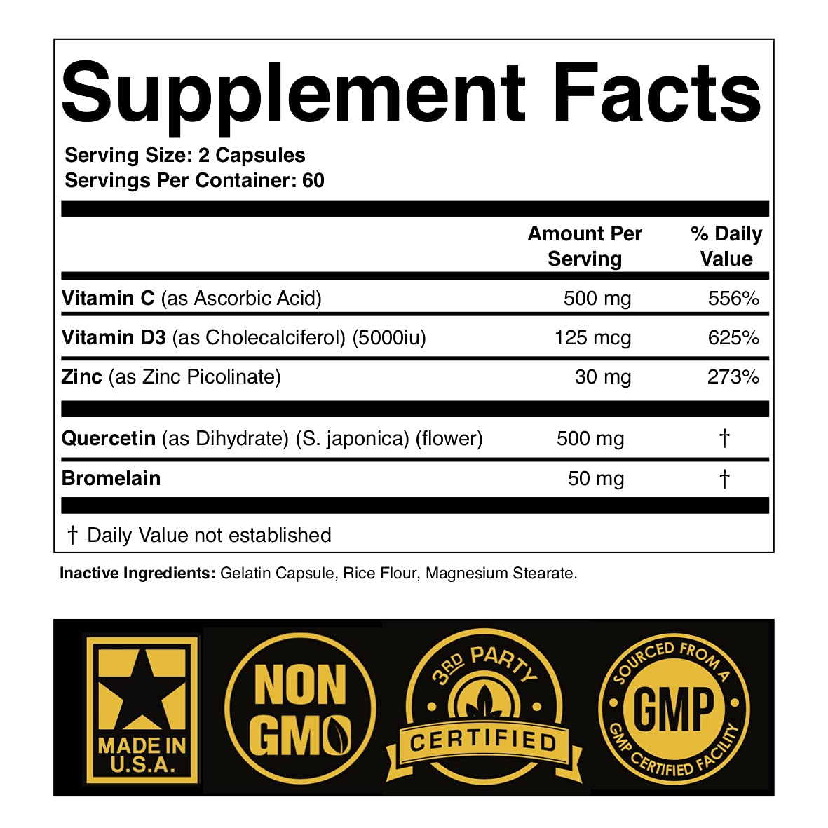 Zinc Quercetin 500mg with Vitamin C Vitamin D3 Bromelain Immune Support High Potency Quercetin Zinc Supplement ZQV by SPARTIS (Pack of 1 Bottle at 120-Caps) - dailyvitalstore