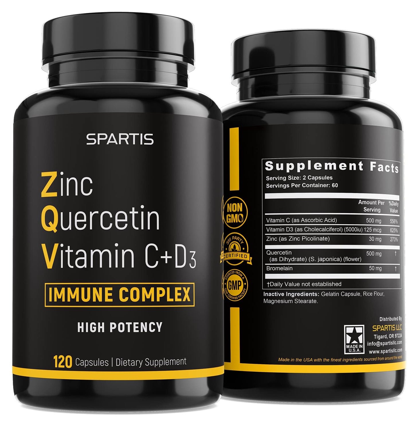 Zinc Quercetin 500mg with Vitamin C Vitamin D3 Bromelain Immune Support High Potency Quercetin Zinc Supplement ZQV by SPARTIS (Pack of 1 Bottle at 120-Caps) - dailyvitalstore