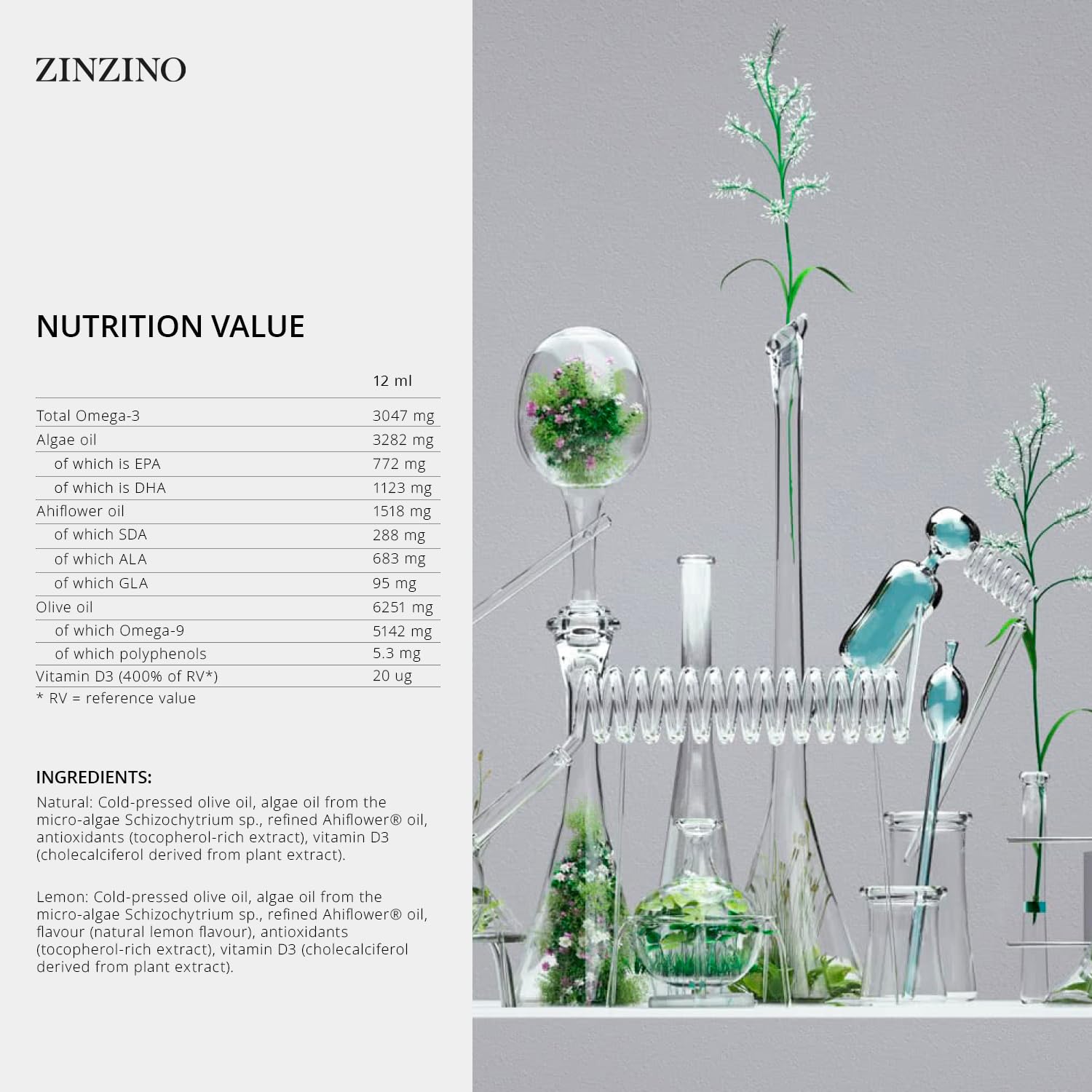 Zinzino - BalanceOil+ Vegan Lemon, Synergistic Blend with Marine Micro-Algae, Olive Oil, Ahiflower Seed Oil, Vegan Vitamin D3-300 ml - dailyvitalstore