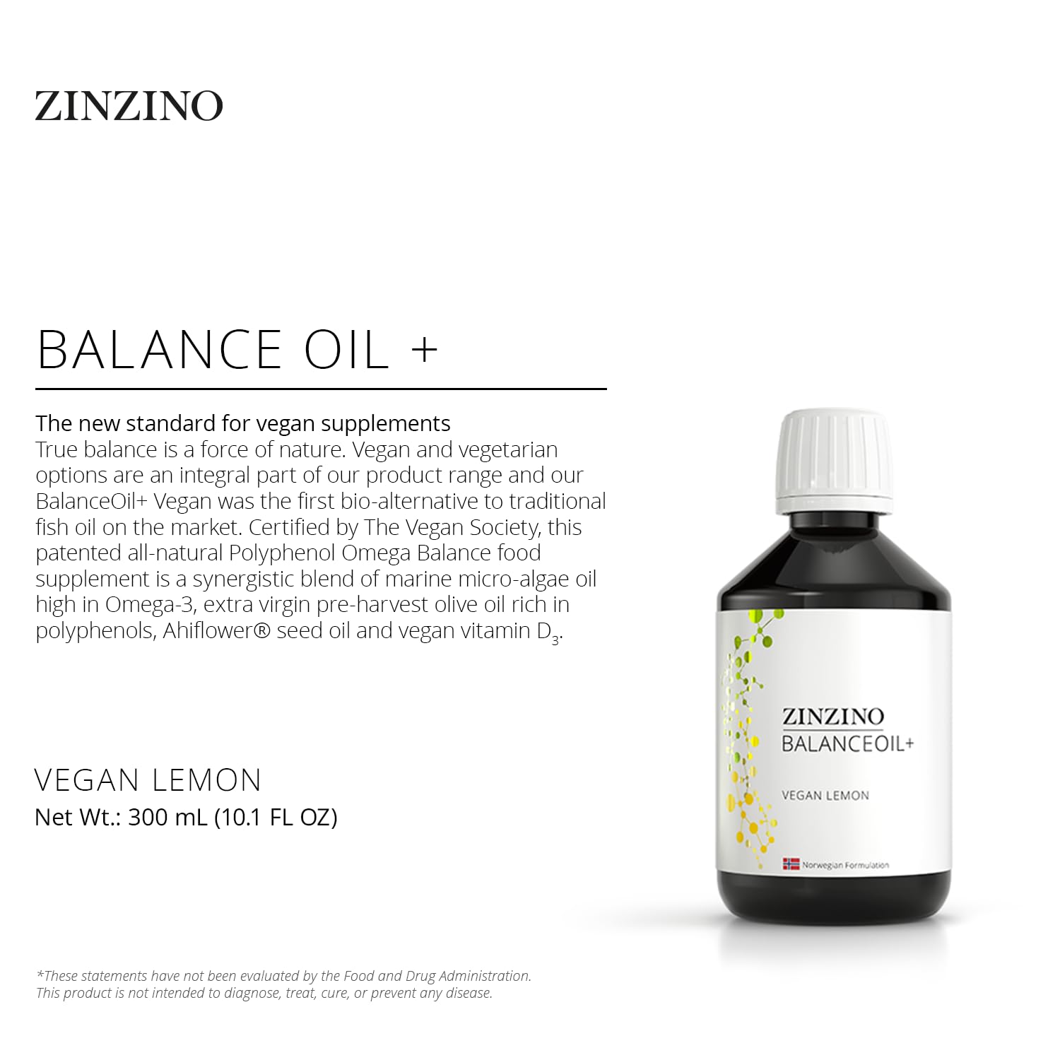 Zinzino - BalanceOil+ Vegan Lemon, Synergistic Blend with Marine Micro-Algae, Olive Oil, Ahiflower Seed Oil, Vegan Vitamin D3-300 ml - dailyvitalstore