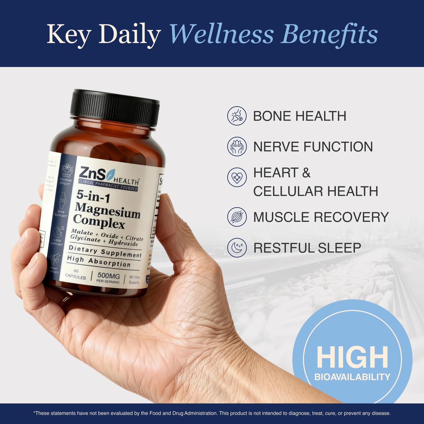 ZnS Health Spectrum 5 Magnesium Complex for Women & Men – 5 Magnesium Complex Supplement with Glycinate, Malate, Citrate & Hydroxide for Sleep, Muscle Recovery & Calm – 500mg Vegan – 60 Capsules - dailyvitalstore