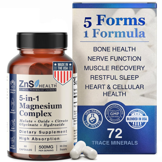 ZnS Health Spectrum 5 Magnesium Complex for Women & Men – 5 Magnesium Complex Supplement with Glycinate, Malate, Citrate & Hydroxide for Sleep, Muscle Recovery & Calm – 500mg Vegan – 60 Capsules - dailyvitalstore
