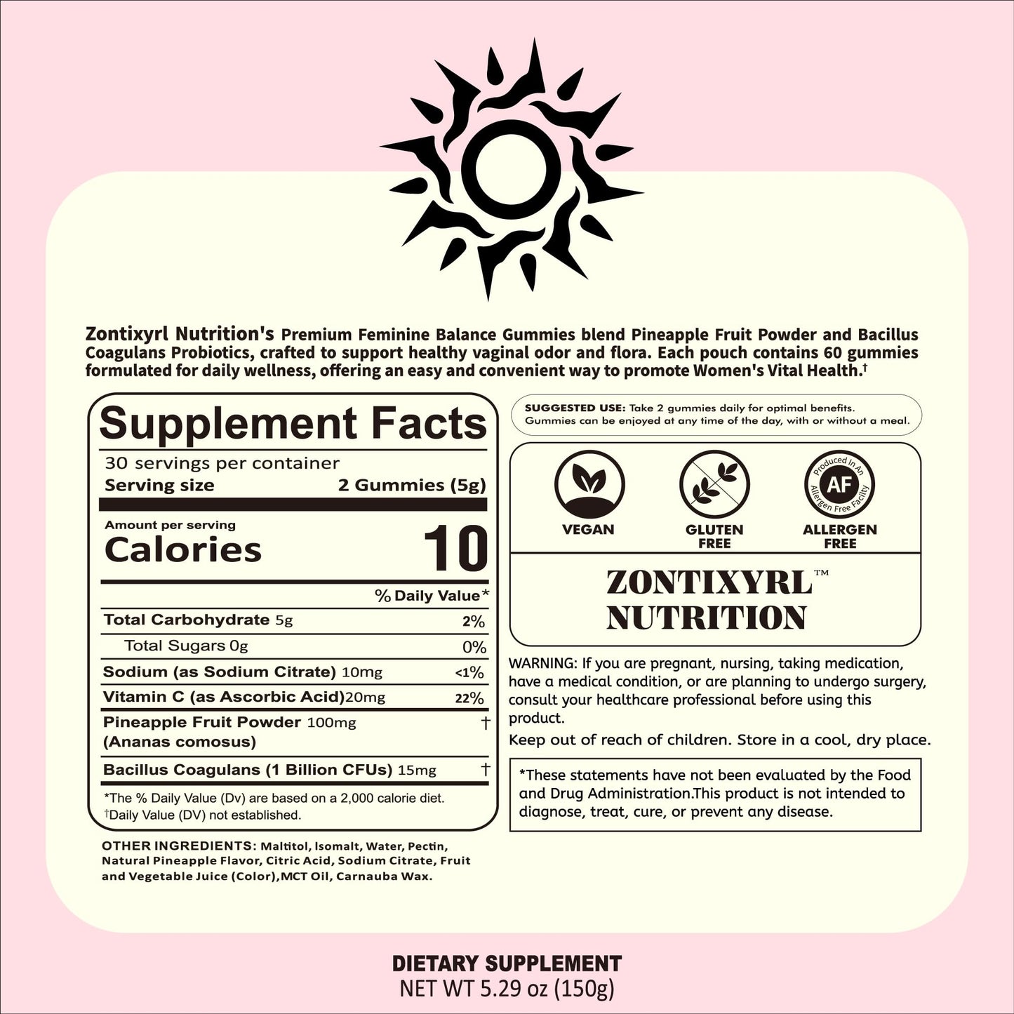 Zontixyrl Premium Feminine Balance Gummies Women - Pineapple Gummies for Women pH Probiotic and Immune Support Vegan Gluten Free 60 Gummies 30 Servings - dailyvitalstore