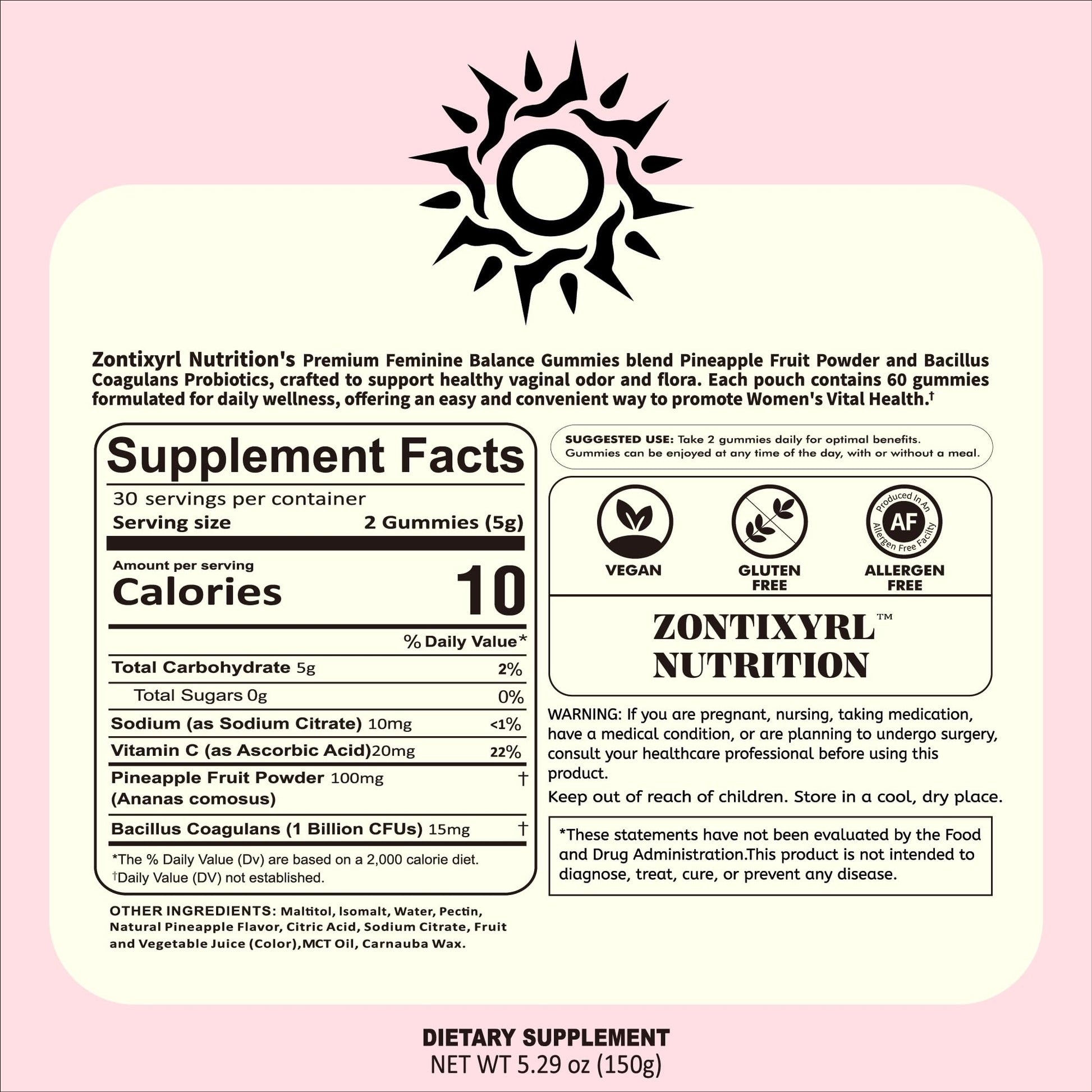 Zontixyrl Premium Feminine Balance Gummies Women - Pineapple Gummies for Women pH Probiotic and Immune Support Vegan Gluten Free 60 Gummies 30 Servings - dailyvitalstore