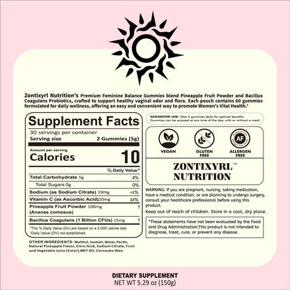 Zontixyrl Premium Feminine Balance Gummies Women - Pineapple Gummies for Women pH Probiotic and Immune Support Vegan Gluten Free 60 Gummies 30 Servings - dailyvitalstore