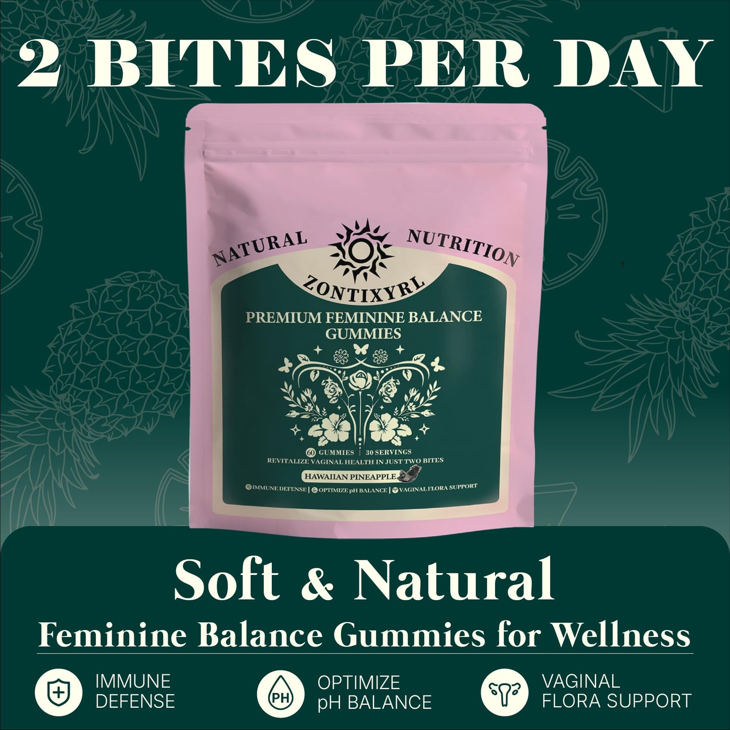 Zontixyrl Premium Feminine Balance Gummies Women - Pineapple Gummies for Women pH Probiotic and Immune Support Vegan Gluten Free 60 Gummies 30 Servings - dailyvitalstore