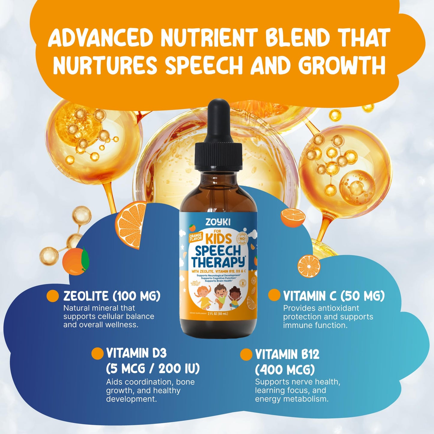 Zoyki Speech Therapy Drops for Kids - Speech Support Supplement for Communication Delay Cognitive Function Language & Brain Development with Zeolite Vitamins B12 D3 C - Sugar Free Gluten-Free Vegan - dailyvitalstore