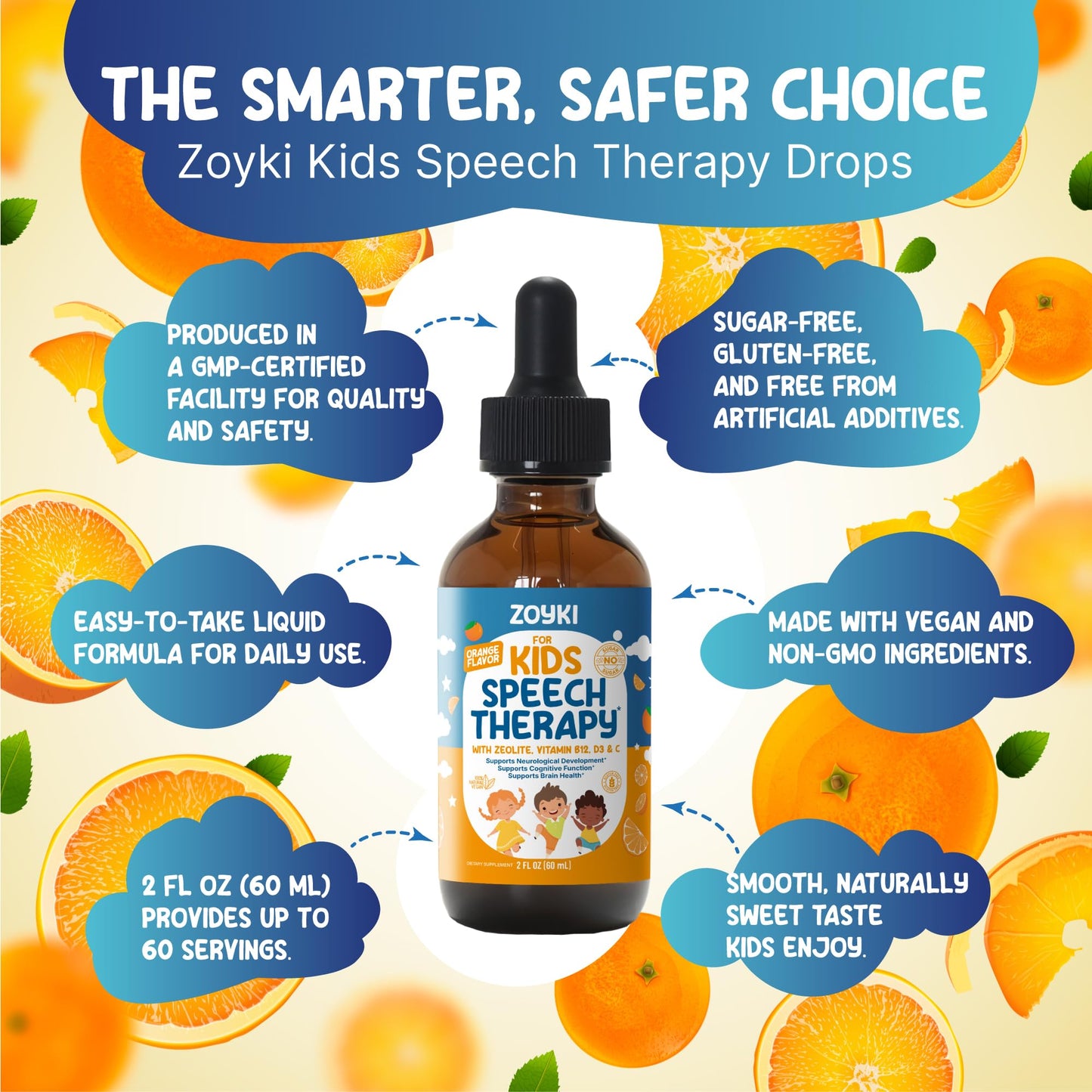 Zoyki Speech Therapy Drops for Kids - Speech Support Supplement for Communication Delay Cognitive Function Language & Brain Development with Zeolite Vitamins B12 D3 C - Sugar Free Gluten-Free Vegan - dailyvitalstore