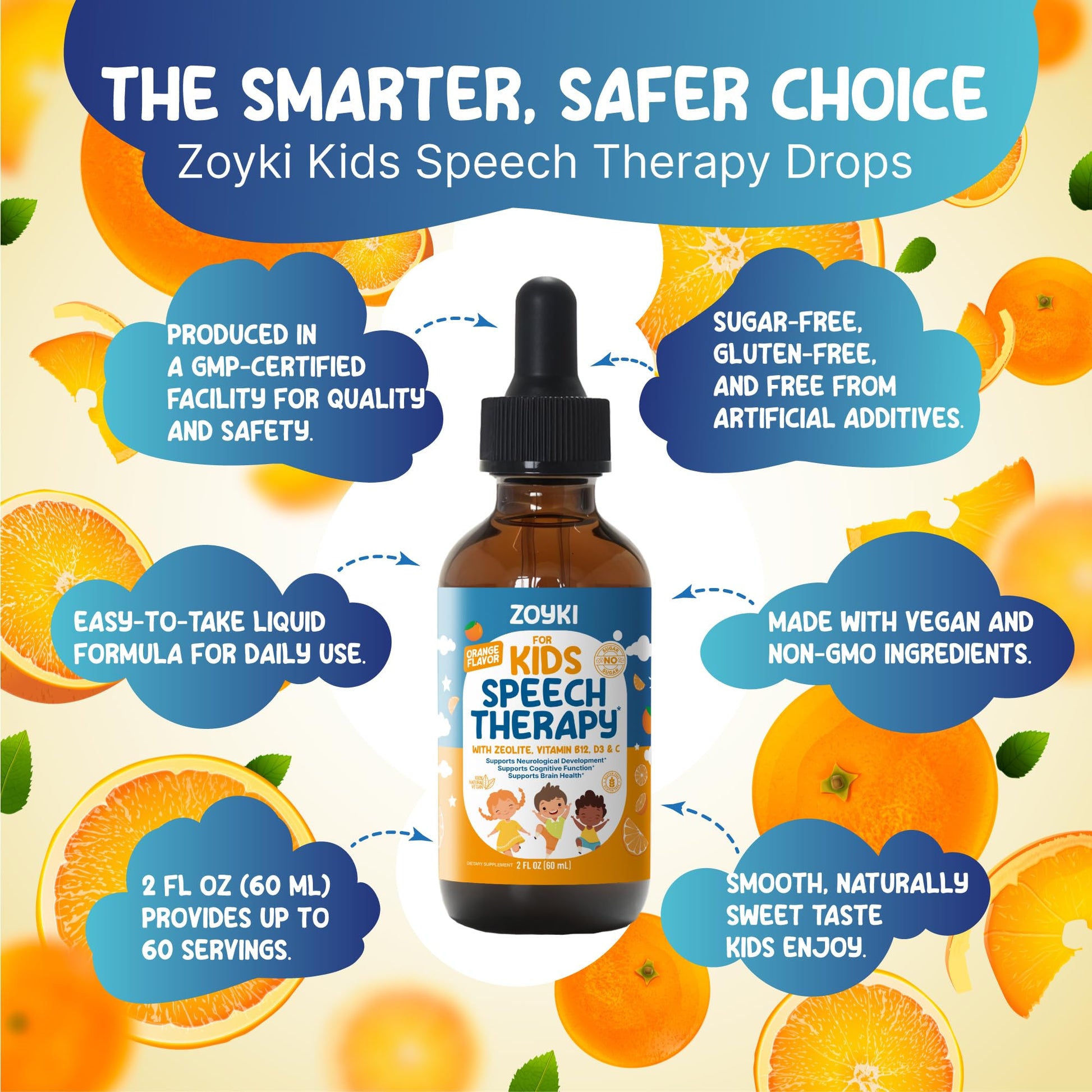 Zoyki Speech Therapy Drops for Kids - Speech Support Supplement for Communication Delay Cognitive Function Language & Brain Development with Zeolite Vitamins B12 D3 C - Sugar Free Gluten-Free Vegan - dailyvitalstore
